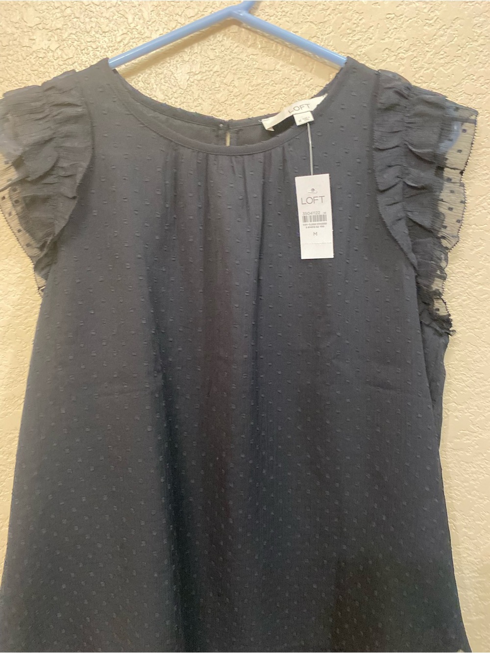 LOFT Navy Swiss Dot Ruffle Sleeve Top